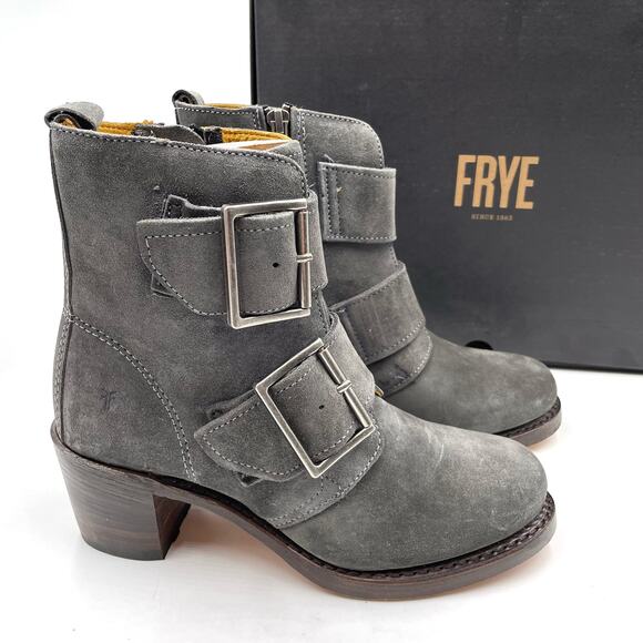 Frye Sabrina Boots Charcoal Gray Suede Double Buckle Ankle Sz 6 Women's